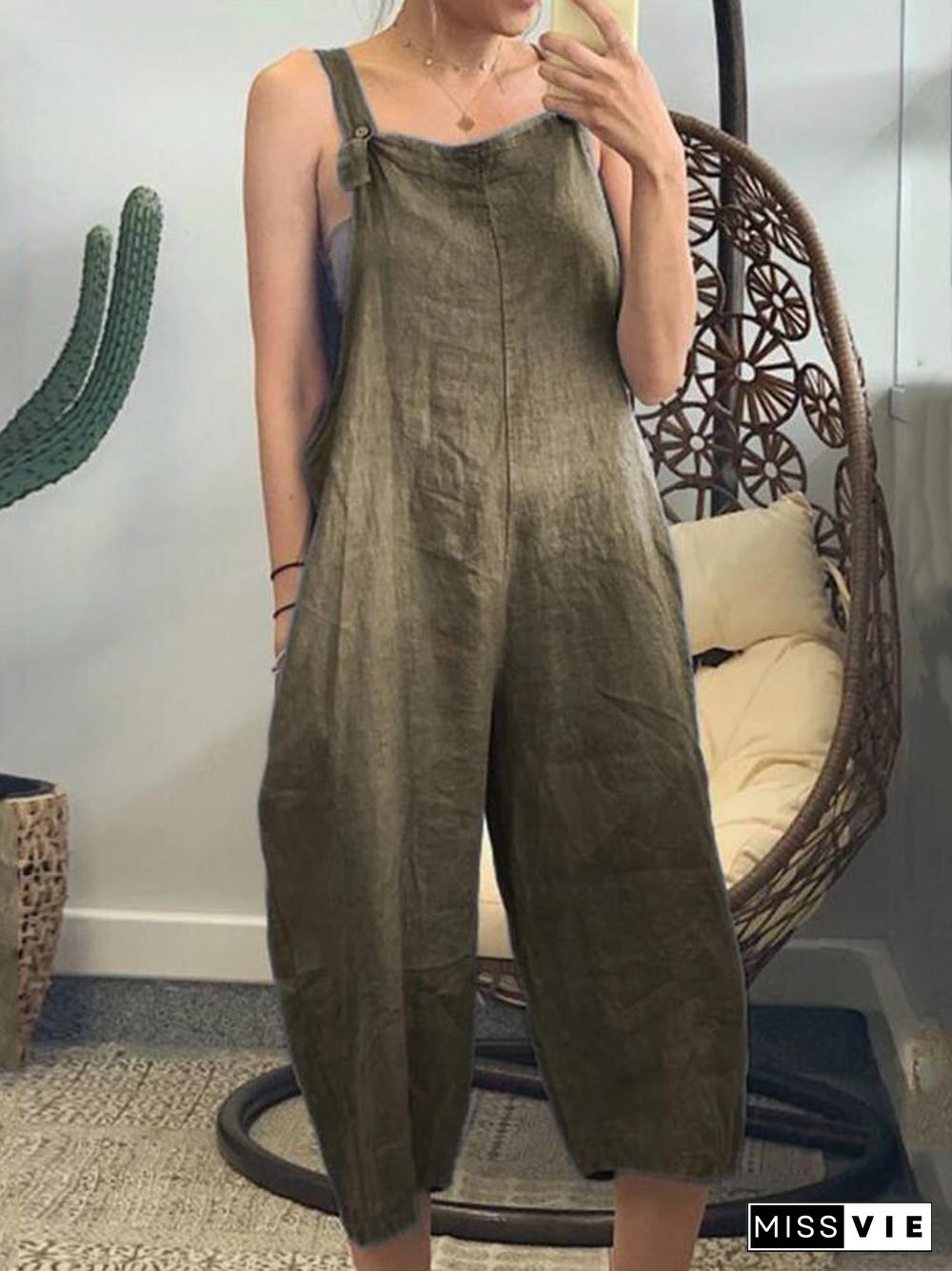 Women'S Pocket  Cotton Solid Loose Jumpsuit