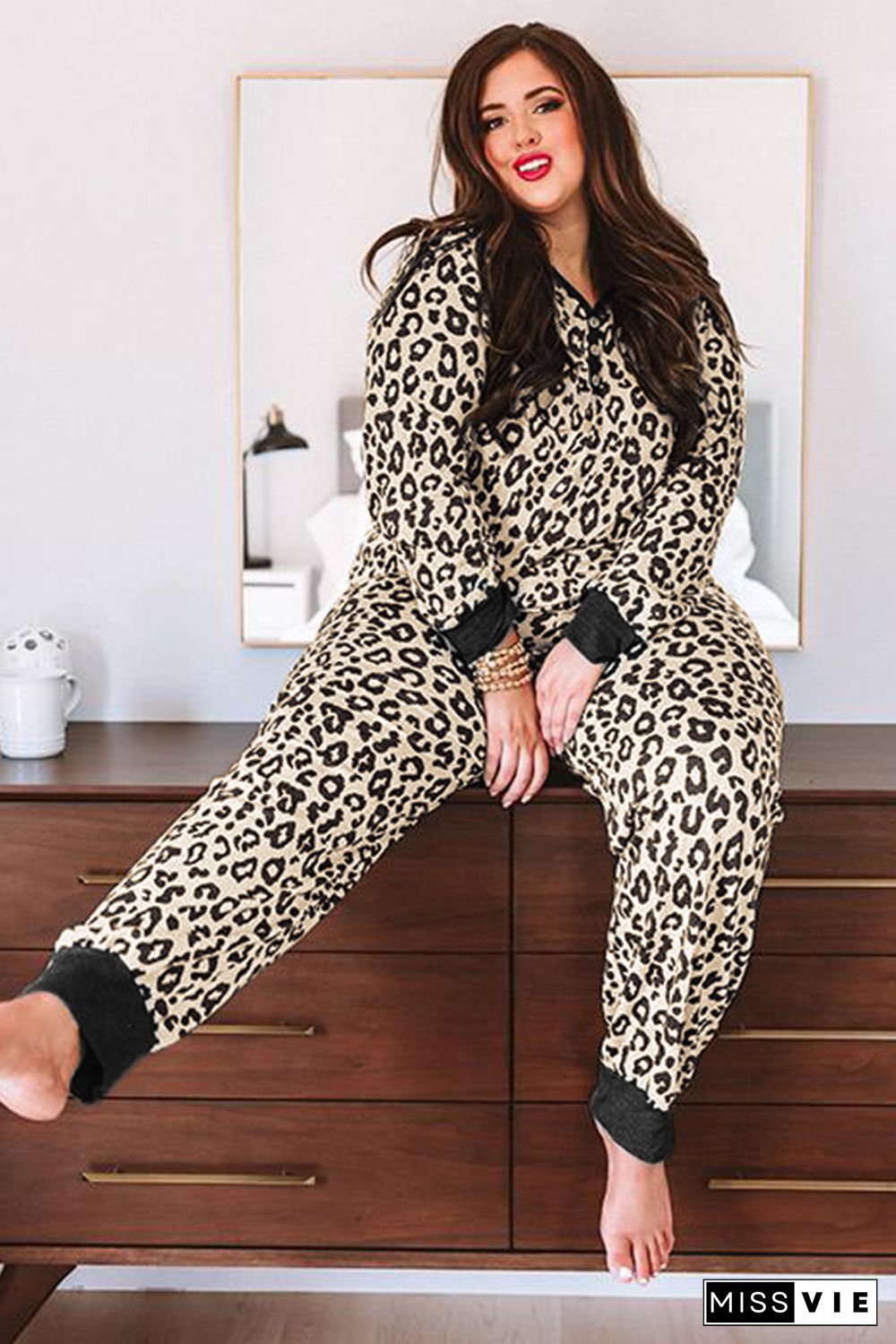 Leopard Plus Size V Neck Top And Sweatpants Lounge Set