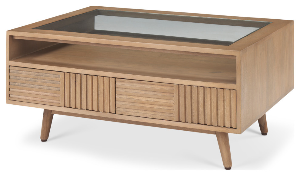 Sable Light Brown Solid Wood w/ Glass Top Coffee Table   Midcentury   Coffee Tables   by Mercana  Houzz