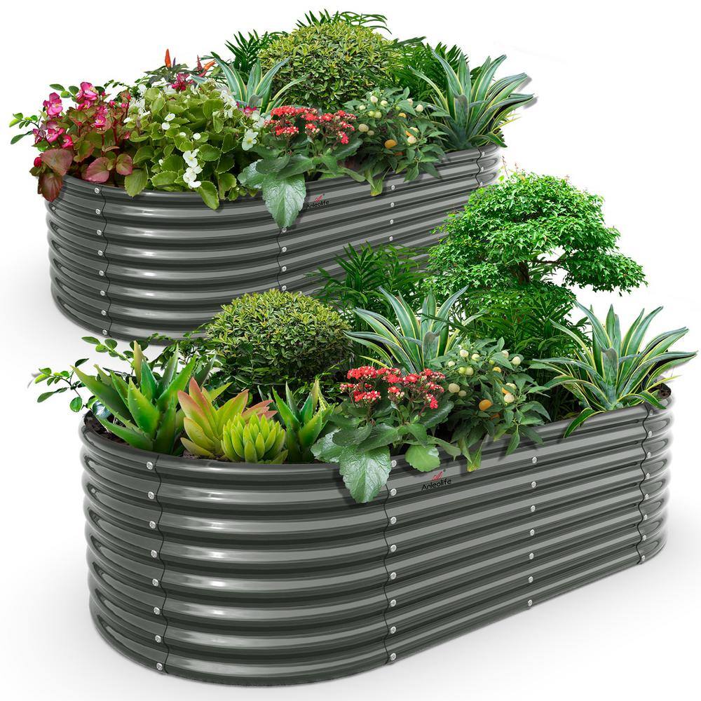 Cesicia 2 Pcs Gray Anti-Rust Galvanized Raised Steel Garden Bed Oval Above Ground Modular Planter Boxes(96L x 48W x 24H ) ktkhxywydyq35