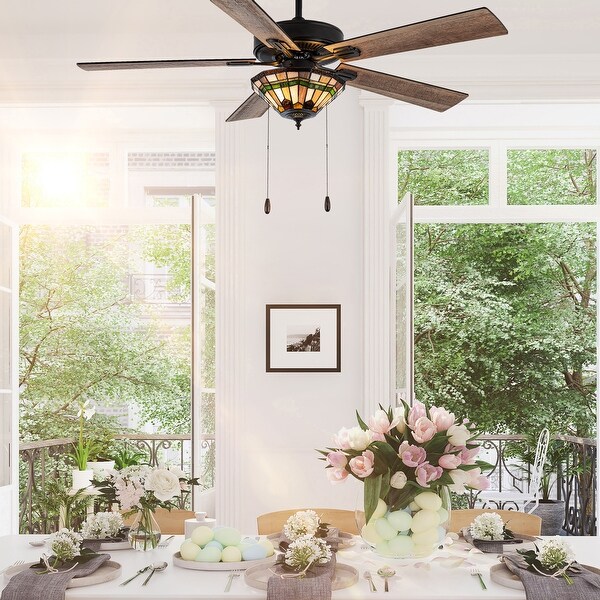 Shelby River of Goods Oil-Rubbed Bronze and Stained Glass 52-Inch 3-Light Ceiling Fan - 52