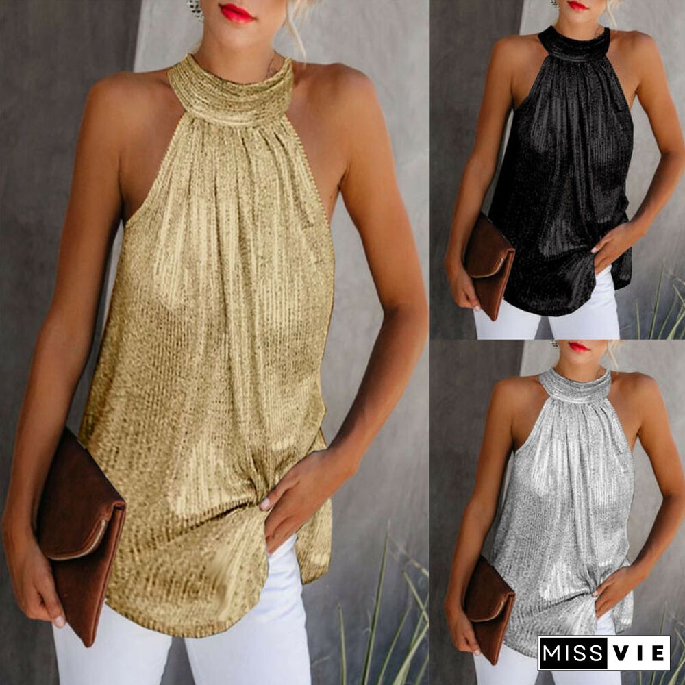 Fashion Womens Halter Neck Tank Tops Ladies Summer Casual Sleeveless Shirt Blouse Vest Sling Sequined Zipper Formal Clothes