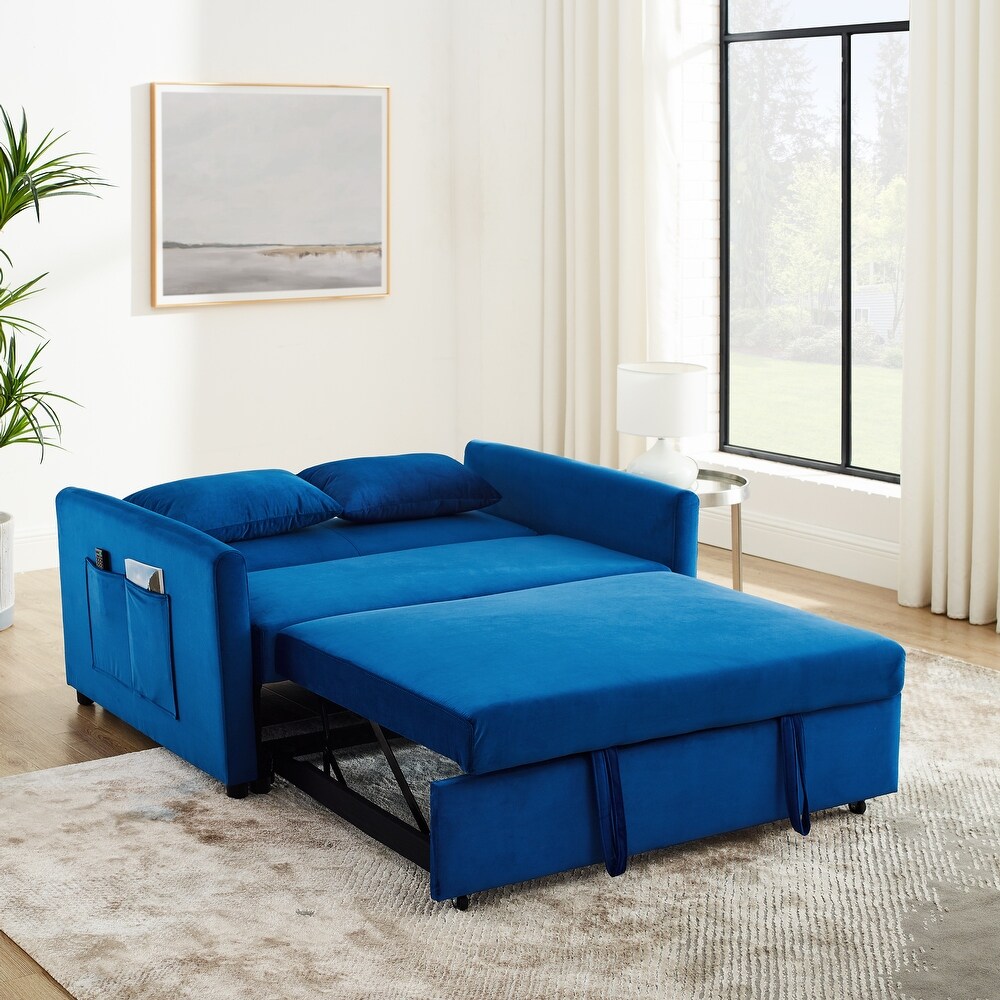 Velvet Upholstered Pull out Sleeper Sofa Convertible Sofa Bed with Adjustable Backrest  Lumbar Pillows and Side Pockets