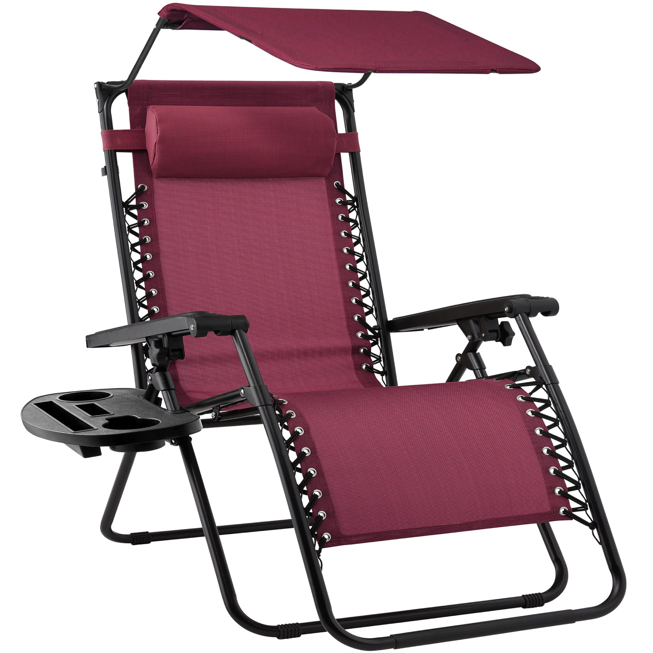 Best Choice Products Folding Zero Gravity Recliner Patio Lounge Chair w/ Canopy Shade, Headrest, Side Tray - Burgundy