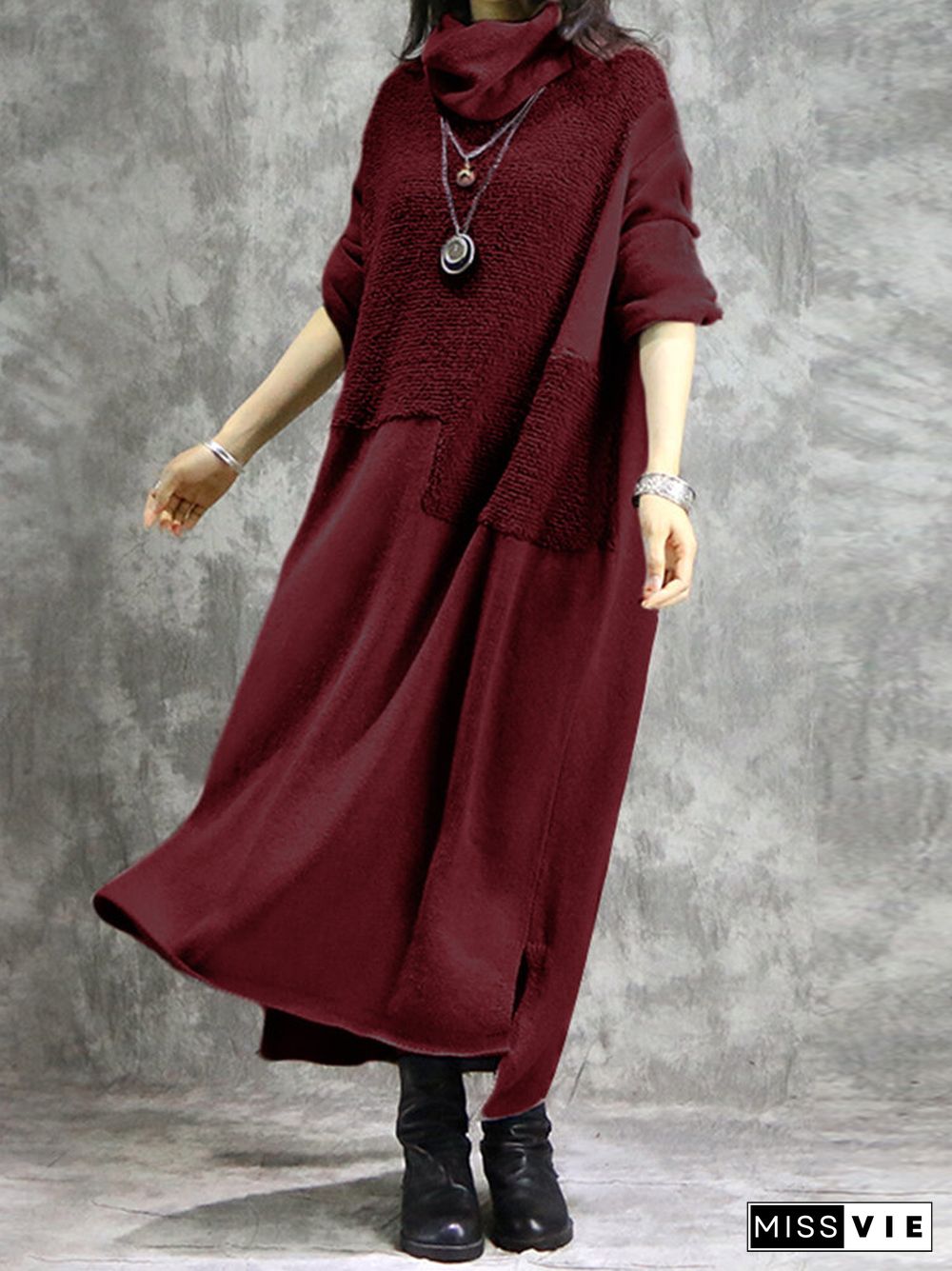 Solid Color Plush Patchwork Turtleneck Long Sleeve Dress