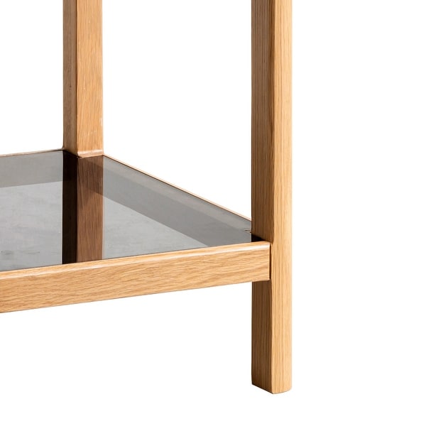 Natural Oak Wood End Table with Tempered Glass