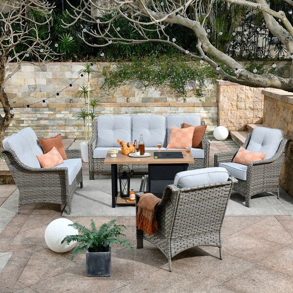 OVIOS 5piece Patio Wicker Conversation Set With Fire Table