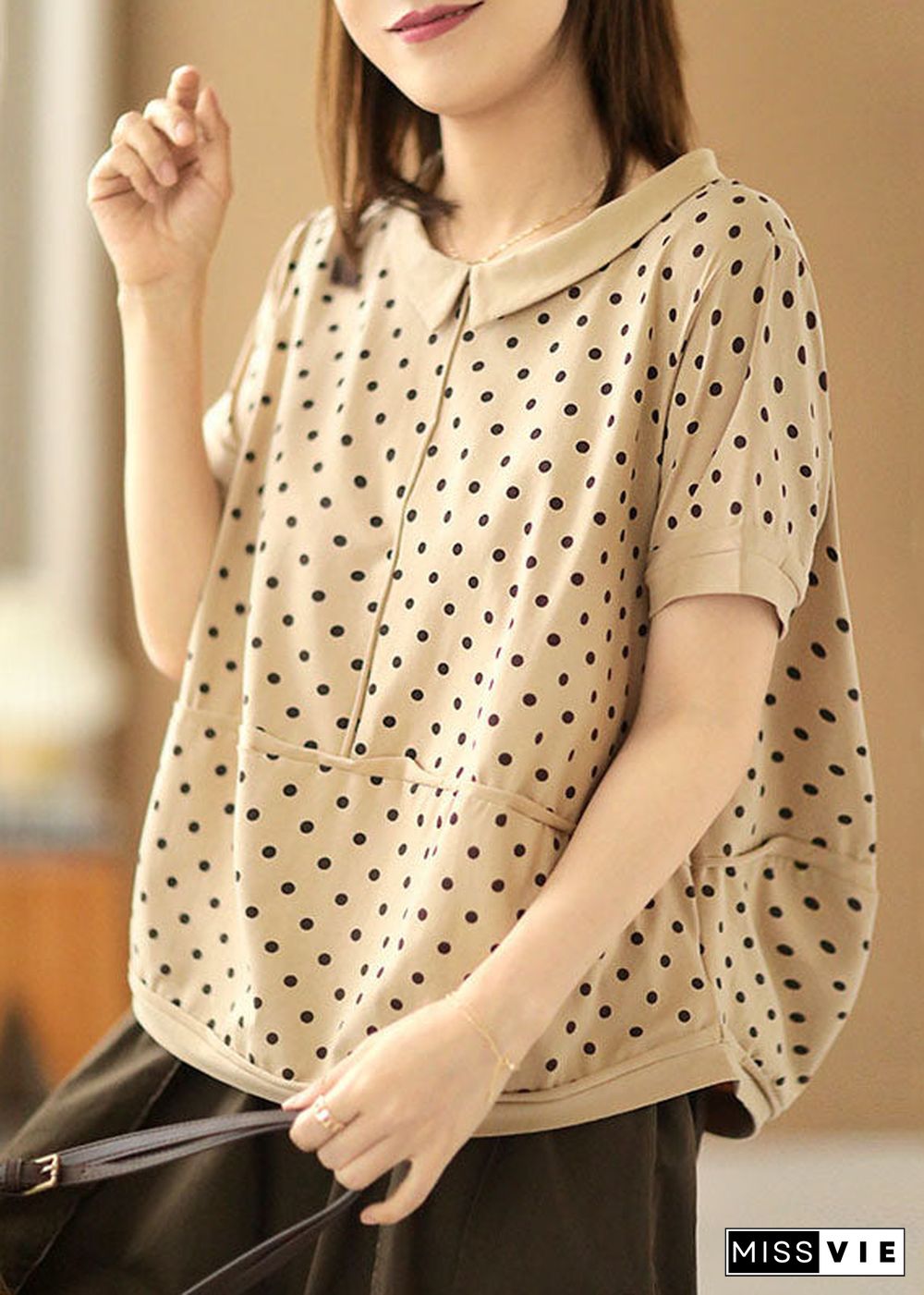 Beautiful Apricot Turn-down Collar Patchwork Dot Print Cotton Shirts Short Sleeve