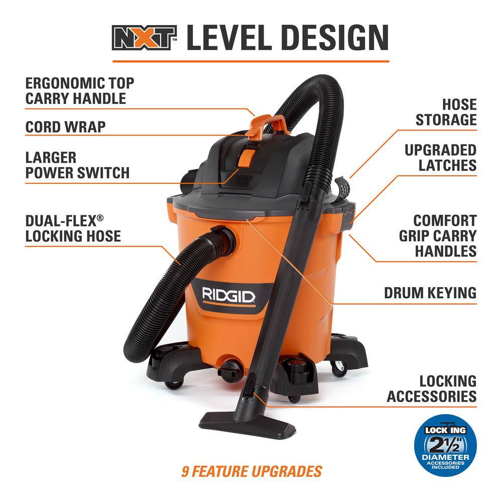 RIDGID 12 Gallon 5.0 Peak HP NXT WetDry Shop Vacuum with Filter Dust Collection Bags Locking Hose and Accessories HD1200F