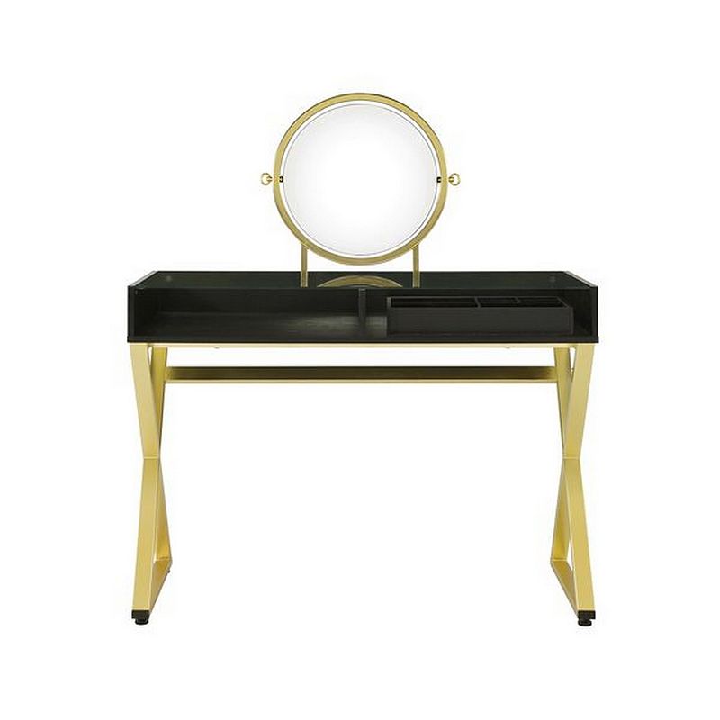 Vanity Desk with Round Mirror and Cross Metal Legs， Black and Gold