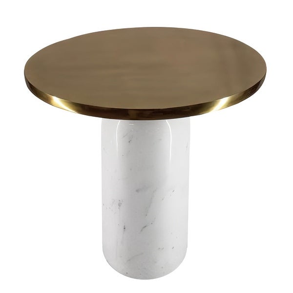 17 Inch Round Brass Modern Accent End Table with Cylindrical Marble Base， Brass， White