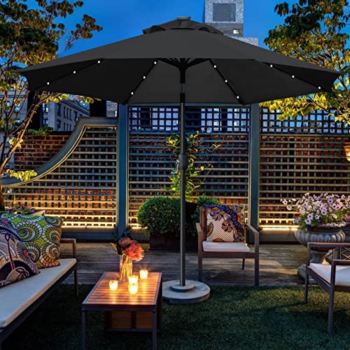 Sunnyglade 9′ Solar LED Lighted Patio Umbrella with 8 Ribs/Tilt Adjustment and Crank Lift System (Black)