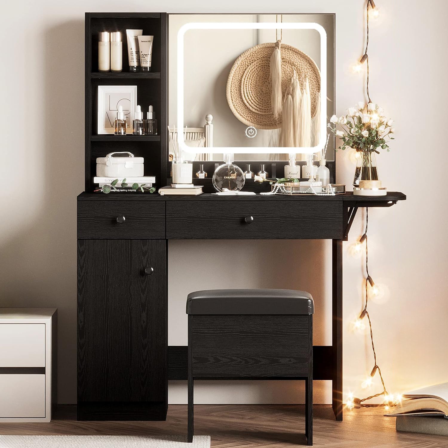 Vanity Desk with Drop Leaf, Power Outlet, LED Lighted Mirror and Storage Stool