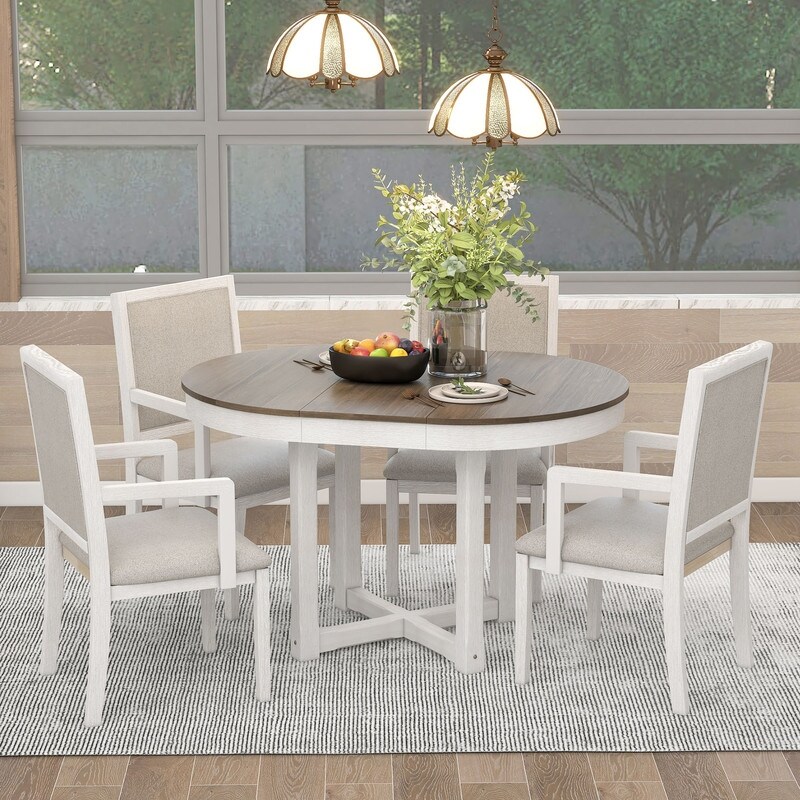 5 Piece Elegant Dining Table Set  Extendable Butterfly Leaf Wood Dining Table and 4 Upholstered Dining Chairs with Armrests