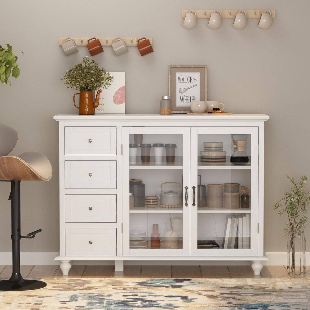 FUFUGAGA White Wooden Sideboard Storage Cabinet Food Pantry Wine Cabinet with 4 Drawers and 3 Shelves LBB-KF260052-01-sd