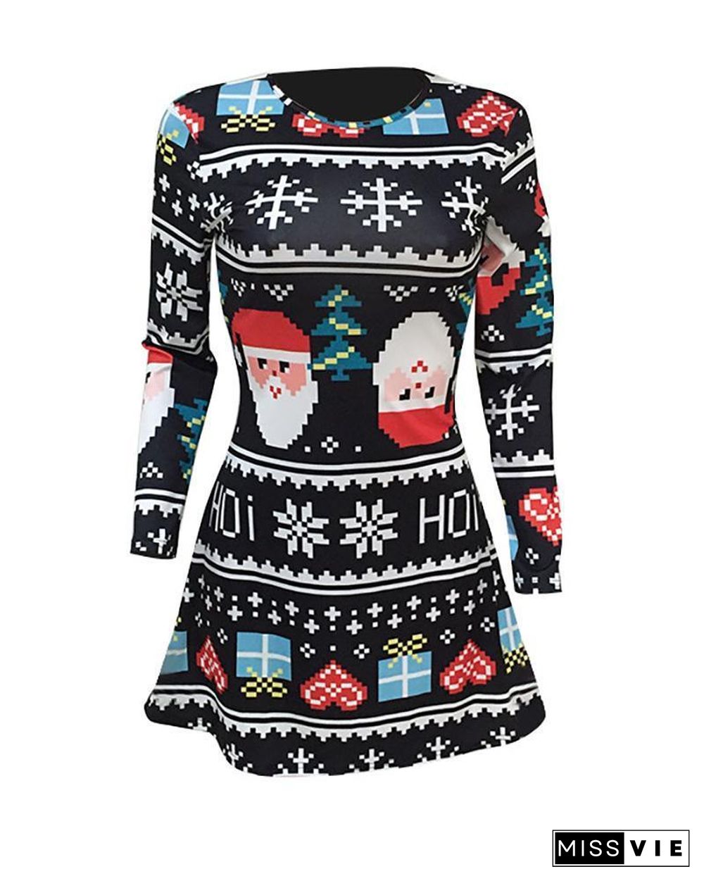 Christmas Print Long Sleeve Casual Dress P10822