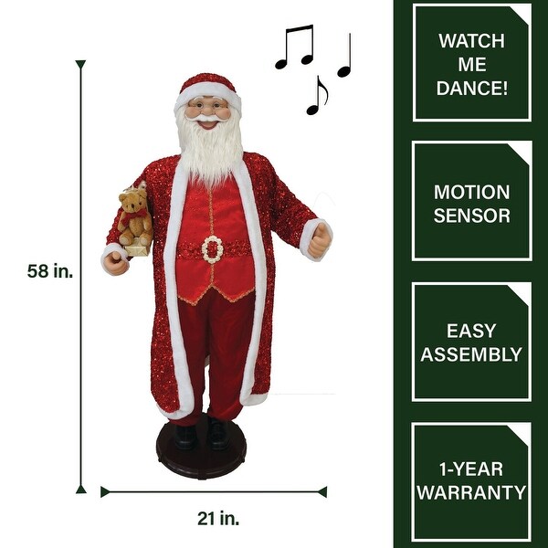 Fraser Hill Farm 58In. Dancing Santa in Red Sequin Suit with Teddy Bear and Wrapped Gifts