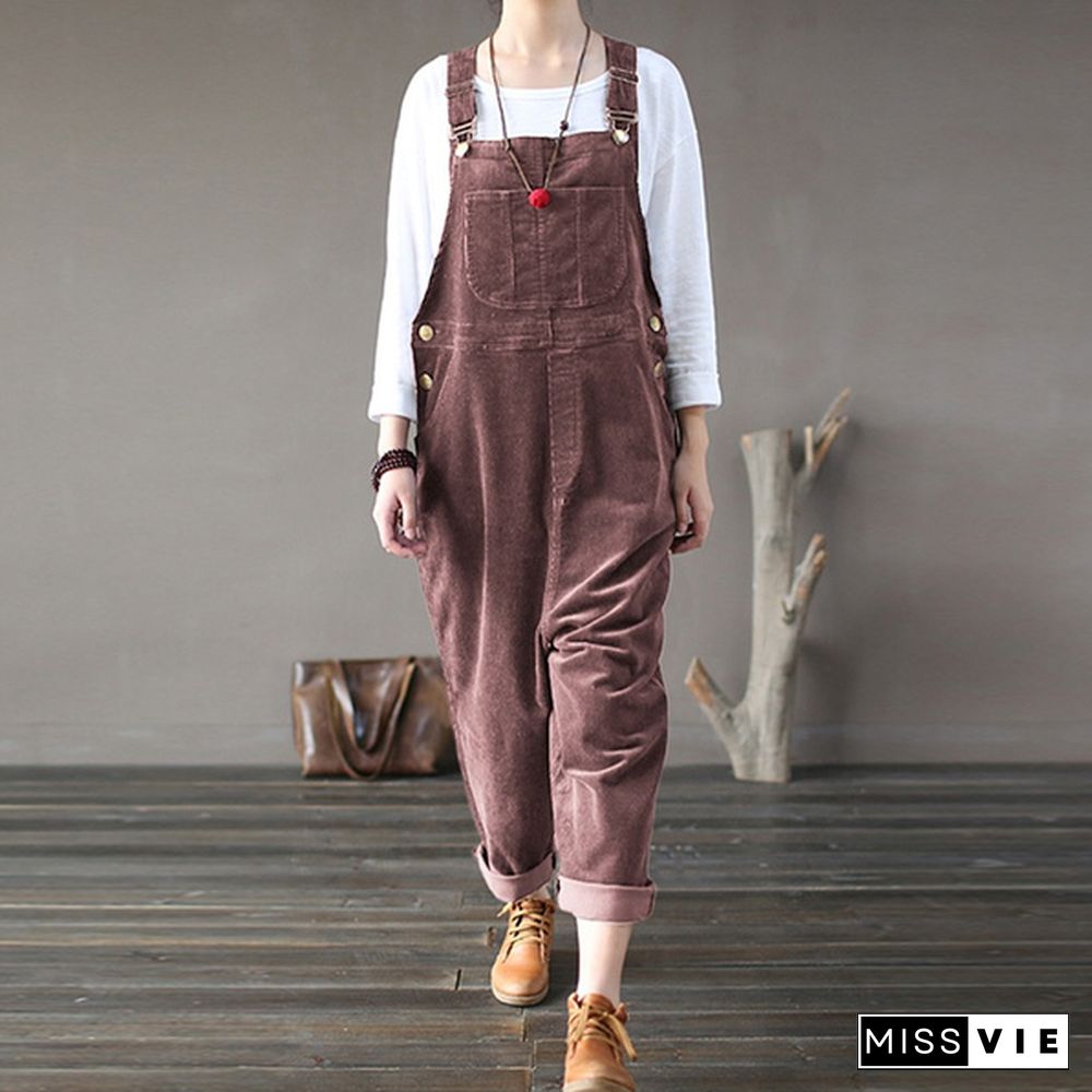 Women Corduroy Bib Pants Trousers Jumpsuit Playsuit Dungarees Pinafores Overalls