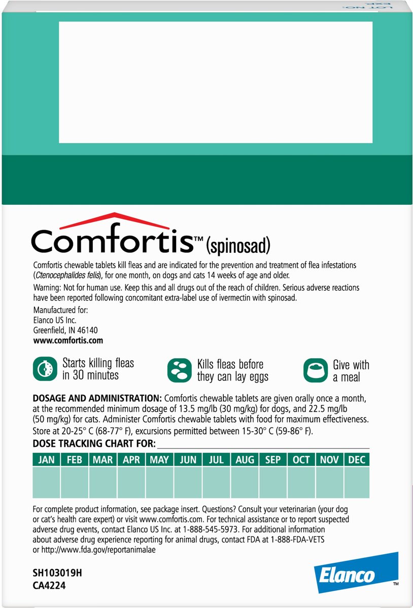 Comfortis Chewable Tablets for Dogs 20.1-40 lbs and Cats 12.1-24 lbs， (Green Box)