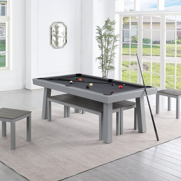 Newport Outdoor Patio 7ft Slate Pool Table 6Seater Dining Set with 4 Benches and Accessories，Cement Finish