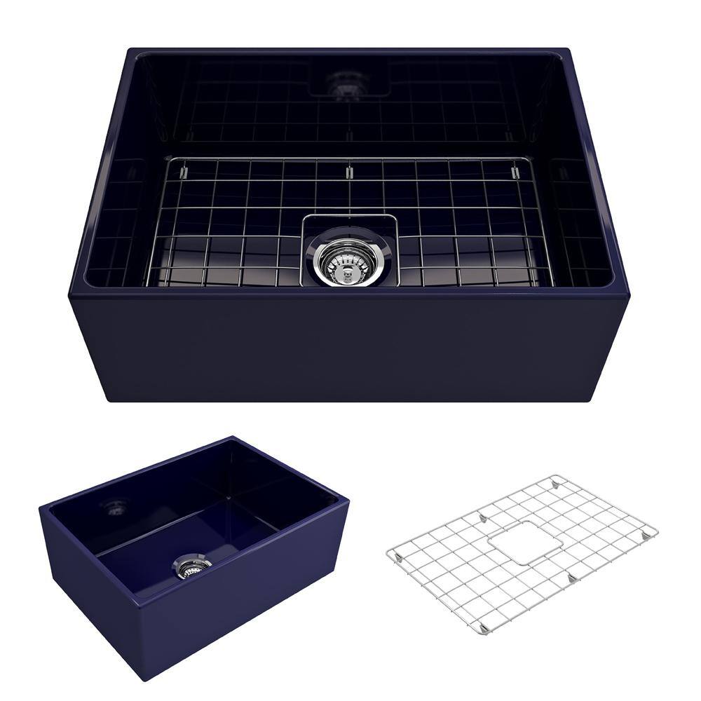 BOCCHI Contempo FarmhouseApron-Front Fireclay 27 in. Single Bowl Kitchen Sink with Bottom Grid and Strainer in Sapphire Blue 1356-010-0120