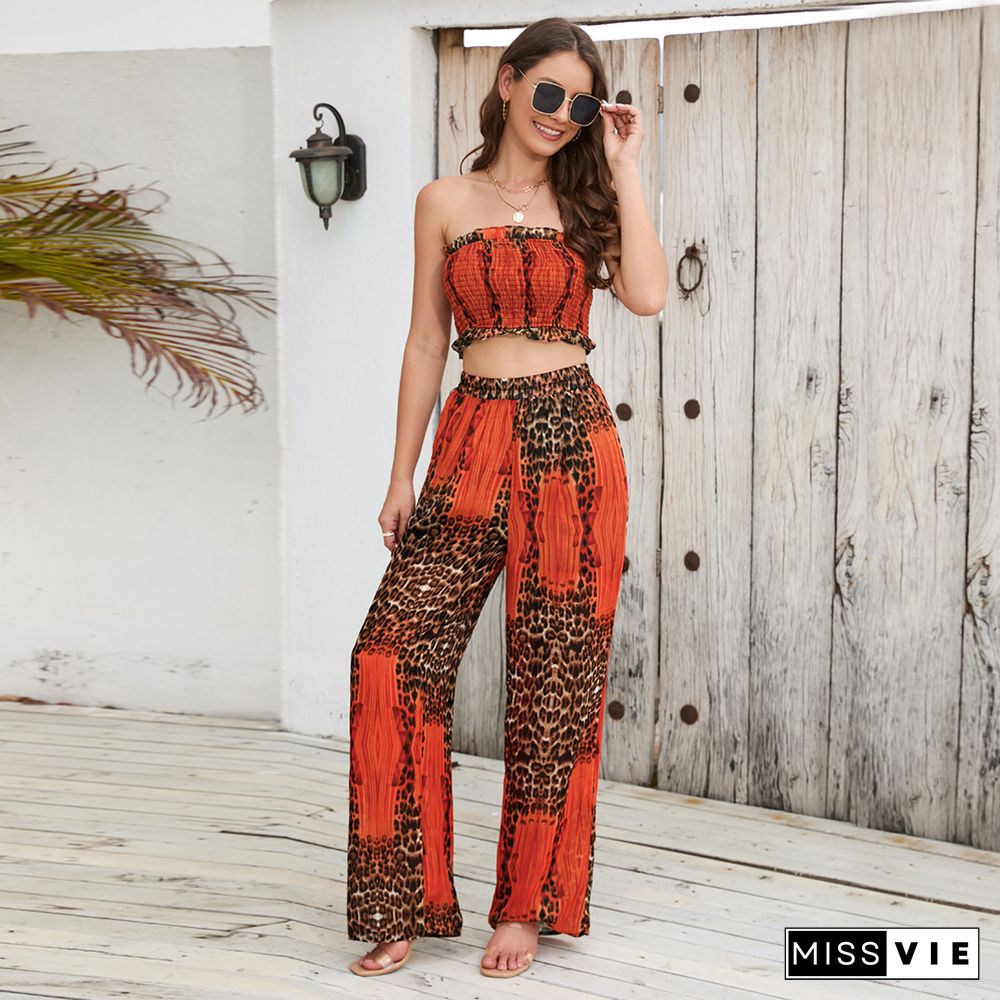 Slim Tube Top Hanging Neck Top Printed Wide-leg Pants Casual Fashion Suit