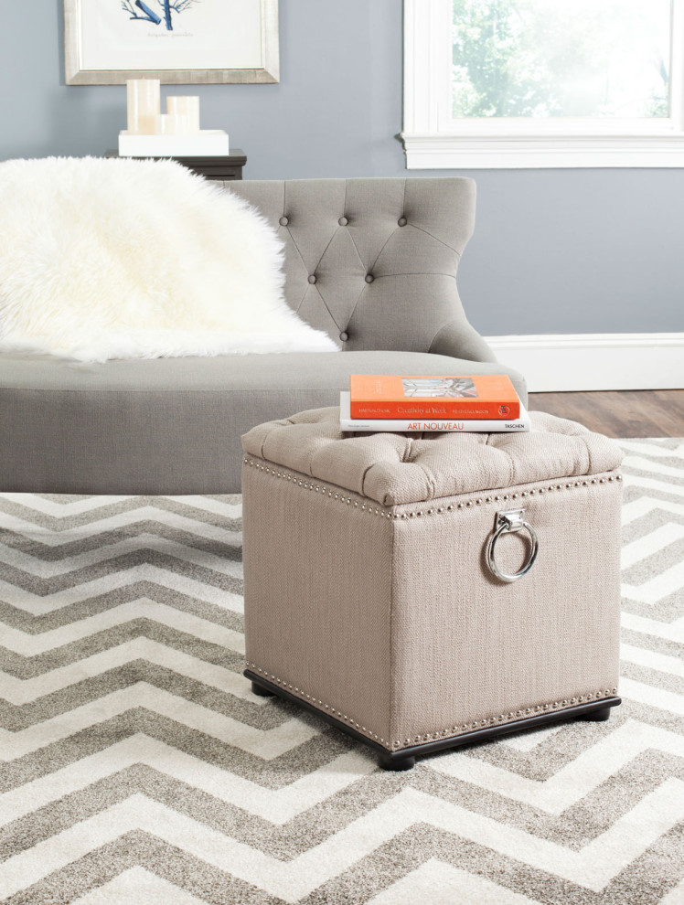 Terrance Storage Ottoman With Silver Nail Heads Biscuit Beige   Traditional   Footstools And Ottomans   by Peachtree Fine Furniture  Houzz