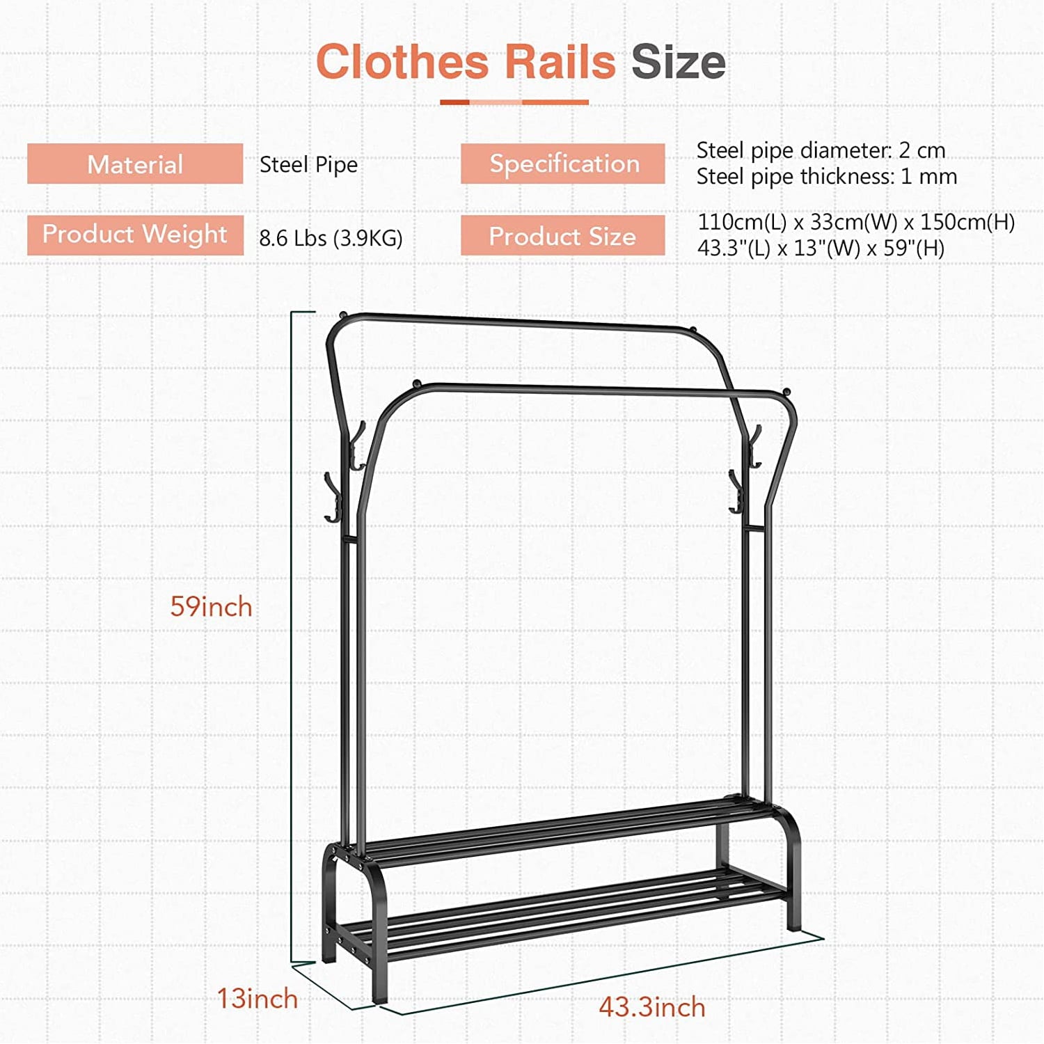 WELHOME Clothing Garment Rack Heavy Duty Freestanding Metal Clothes Stand Double Rail 8 Hangers 2 Shoe Shelves, Black