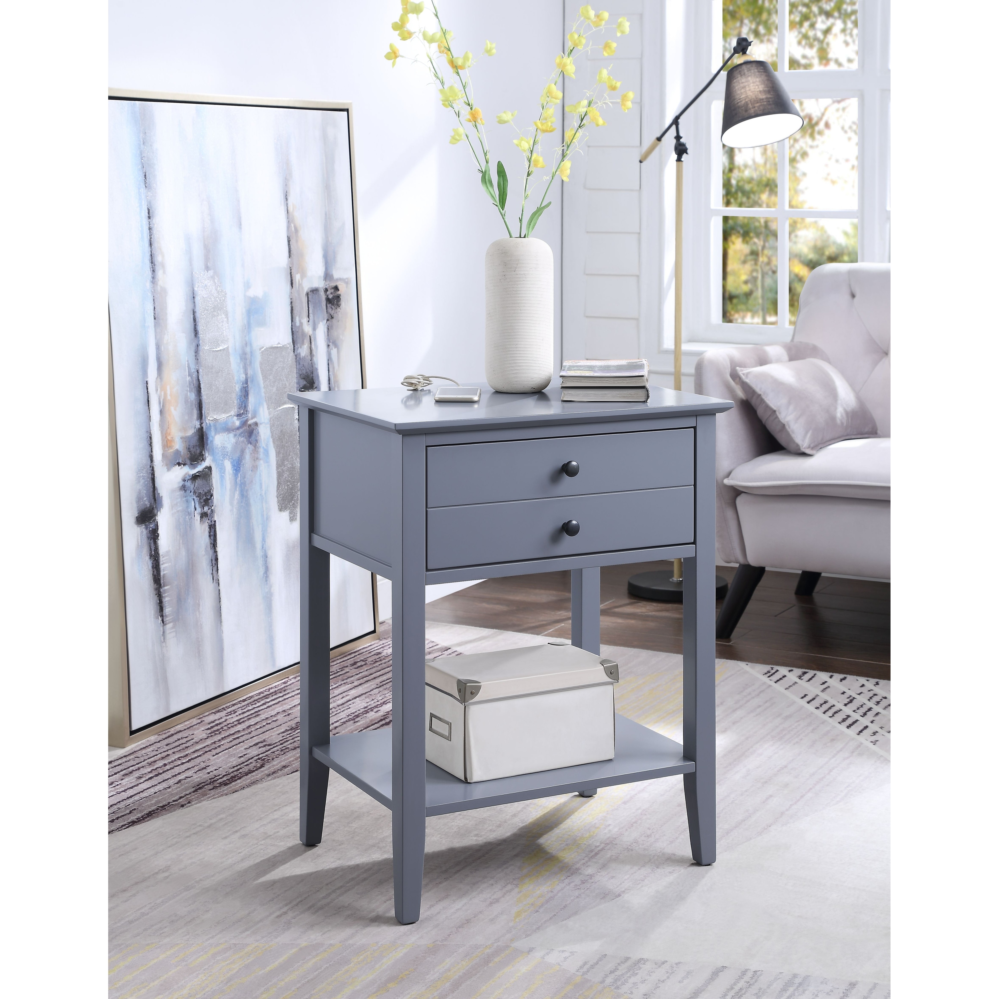 Grardor Side Table (USB Charging Dock) with 1 Drawer and 1 Open Compartment， Gray