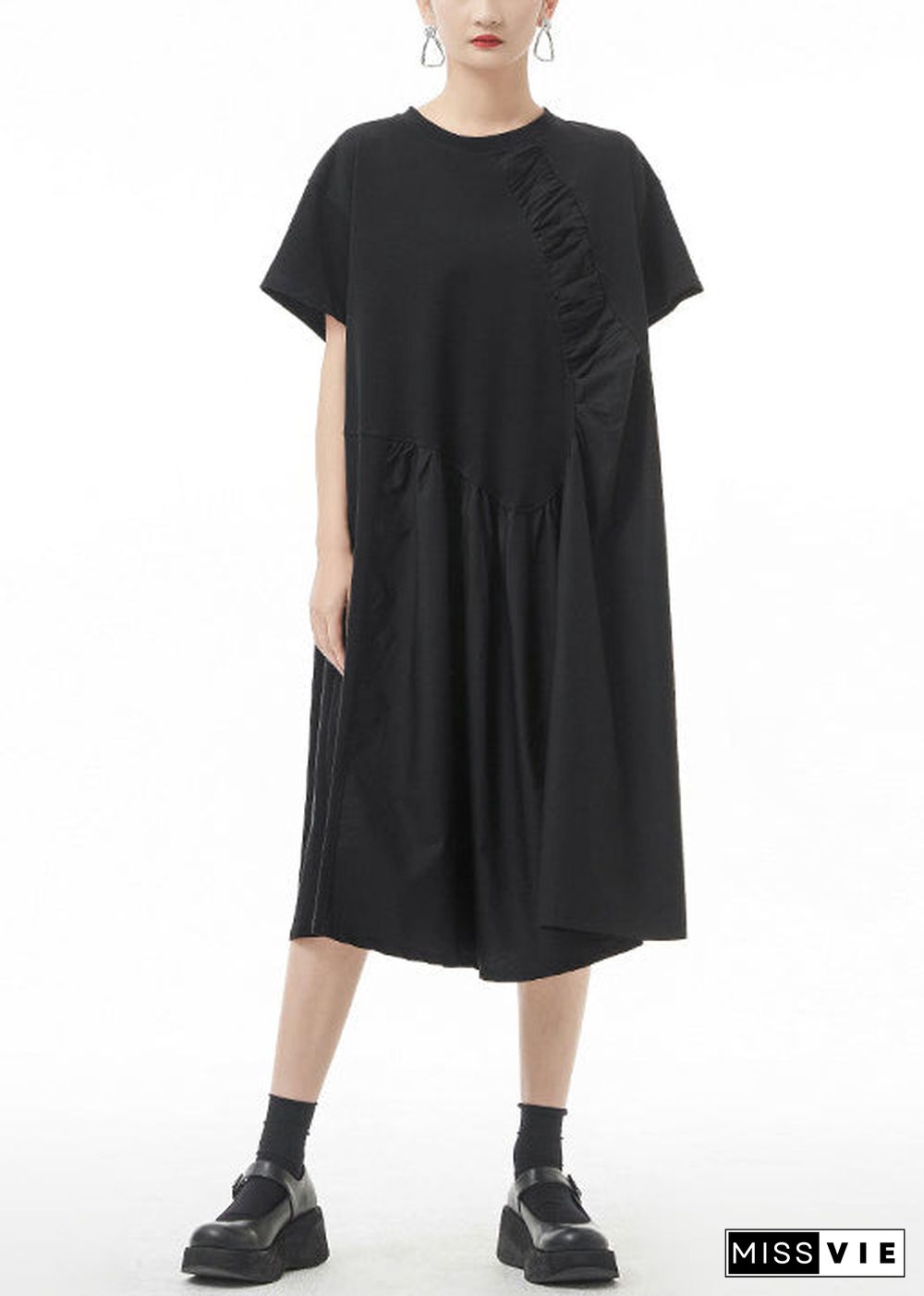 Boutique Black O-Neck Wrinkled Vacation Dresses Short Sleeve