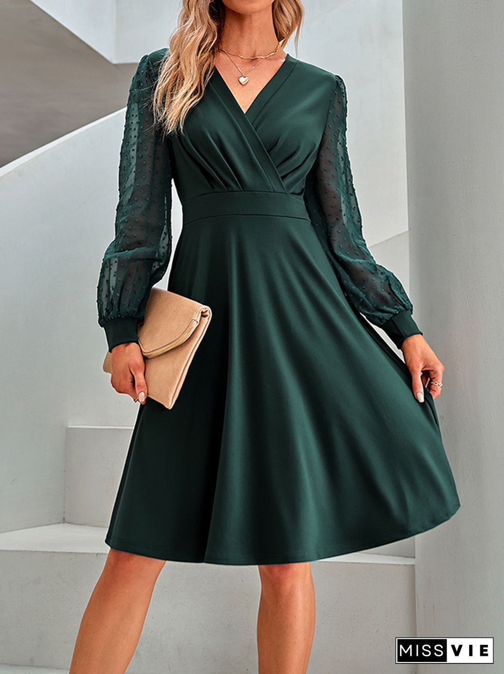 A-Line Long Sleeves Gauze Pleated Split-Joint V-Neck Midi Dresses