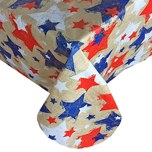 Newbridge Burlap Patriotic Stars Print Vinyl Flannel Backed Tablecloth - Rustic American Stars Flag Indoor/Outdoor Print Tablecloth for Patio and Kitchen Dining- 60? x 84? Oval