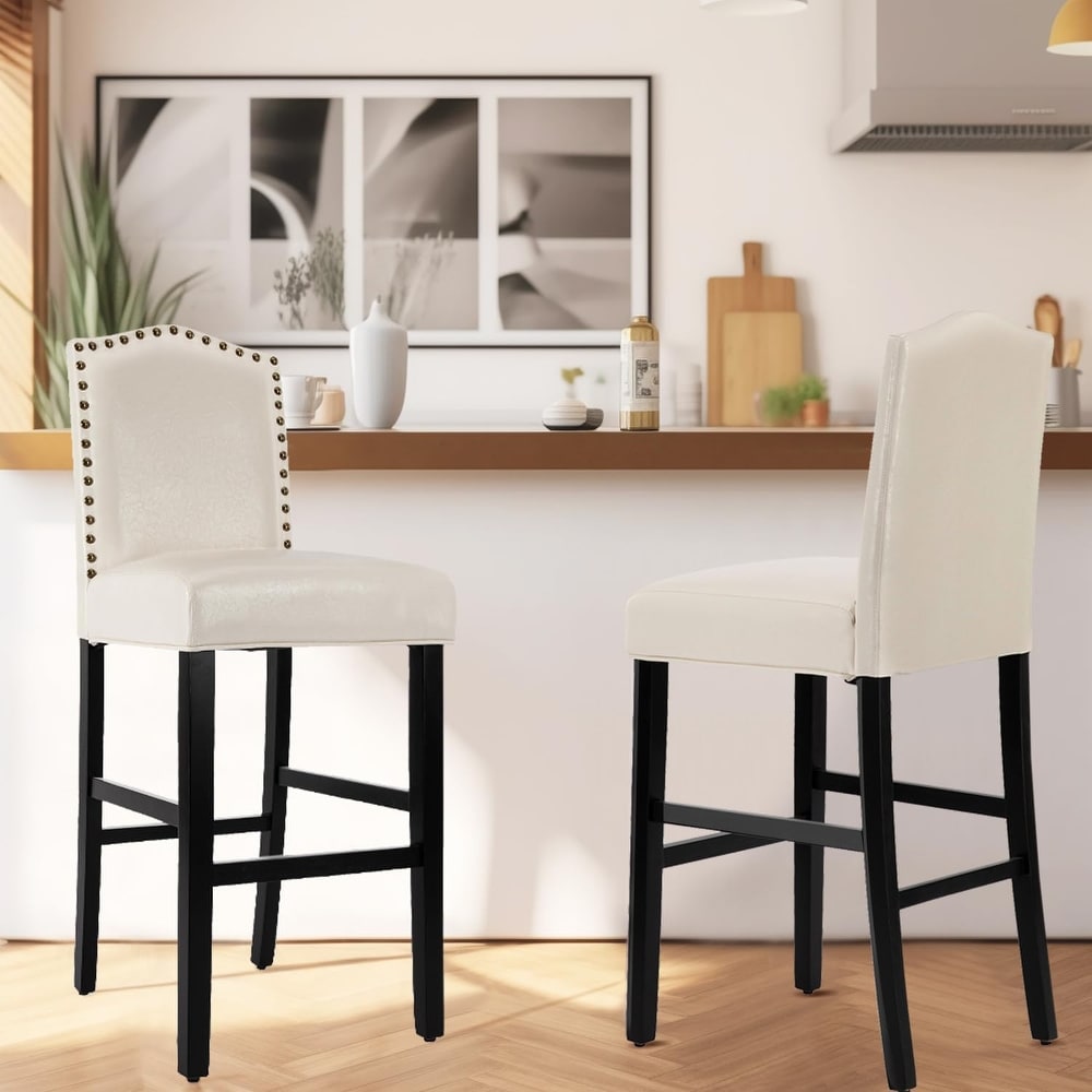 Upholstered Accent Tall Barstool Wooden Legs Nailhead Trim Full Padded Back Support for Dining Room Kitchen Pub Cafe，Set of 2