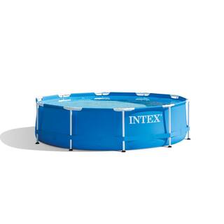 Intex 10 ft. x 30 in Round Metal Frame Above Ground Pool and Steel Frame Pool Ladder 28201EH + 28066E