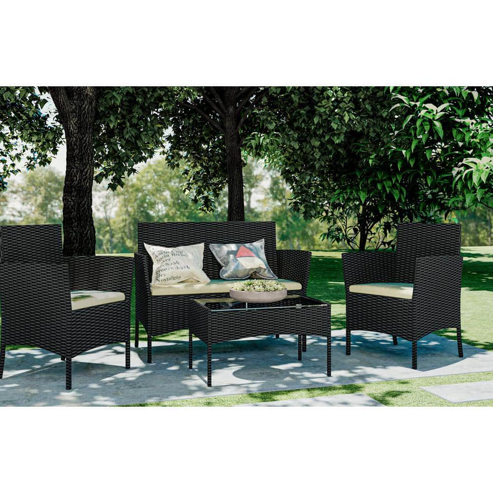 bigzzia Black 4Pieces PE Wicker Outdoor Patio Furniture Sets Loveseat Includes Armchairs and Table with Cushions