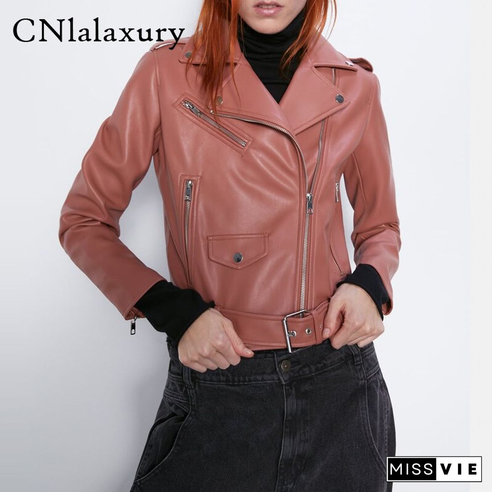 New Spring Autumn Women Blue Faux Leather Jacket Ladies Solid With Belt Zipper Biker Coat Female Casual Outwear Veste Femme