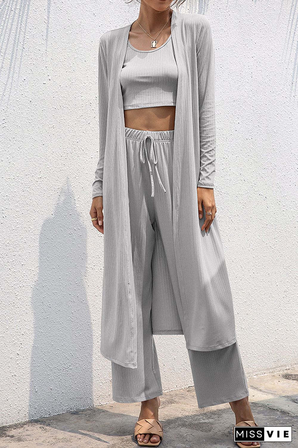 Crop Tank Top and Wide Leg Pants with Coat 3 PCS Set Wholesale