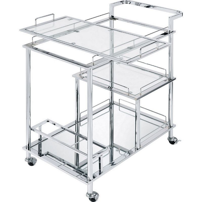 3 Tier Serving Cart with Glass Shelves and Metal Frame， Chrome