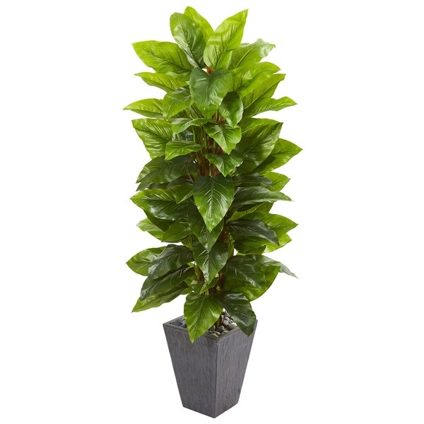 5' Large Leaf Philodendron Artificial Plant in Slate Planter (Real Touch)