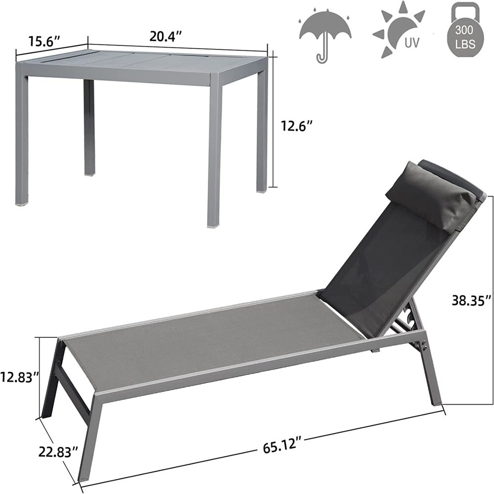 3 Piece Outdoor Chaise Lounge with Headrest 5 Adjustable Position