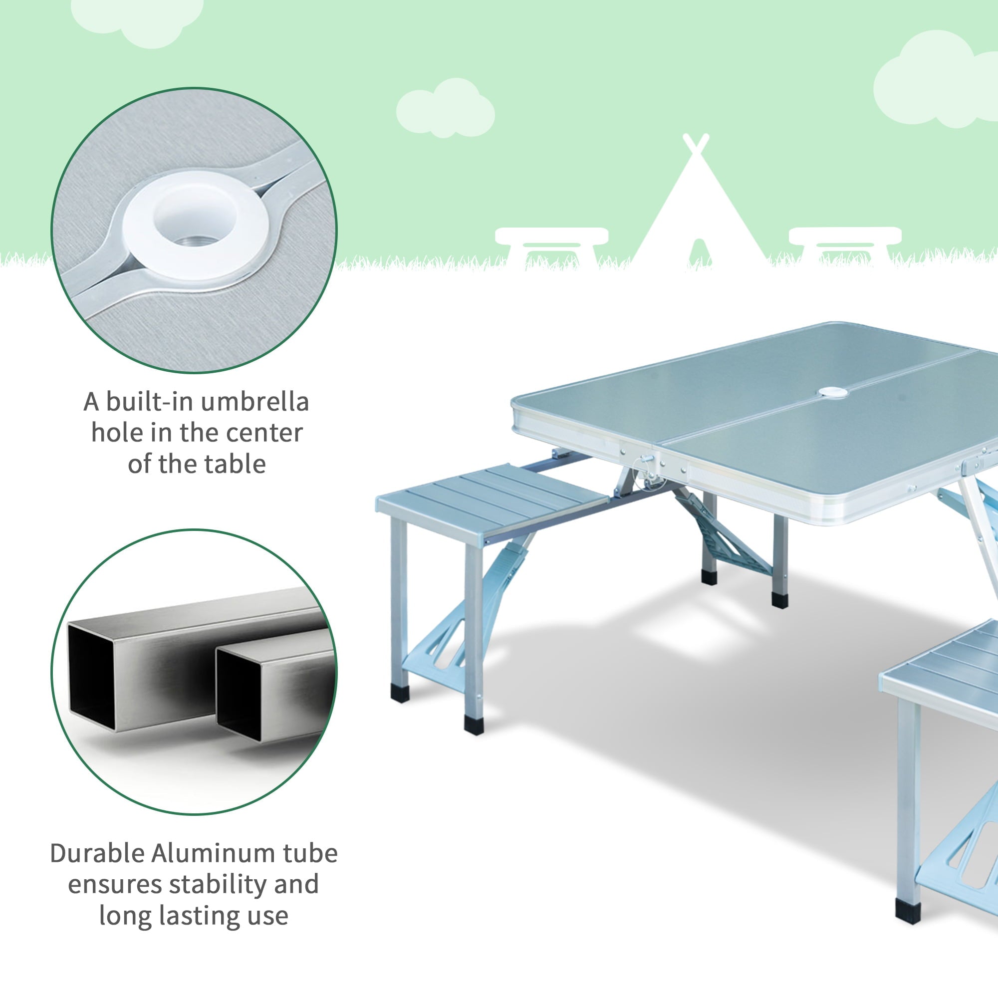 Suzicca New Outdoor Portable Folding Aluminum Picnic Table 4 Seats Chairs Camping wCase