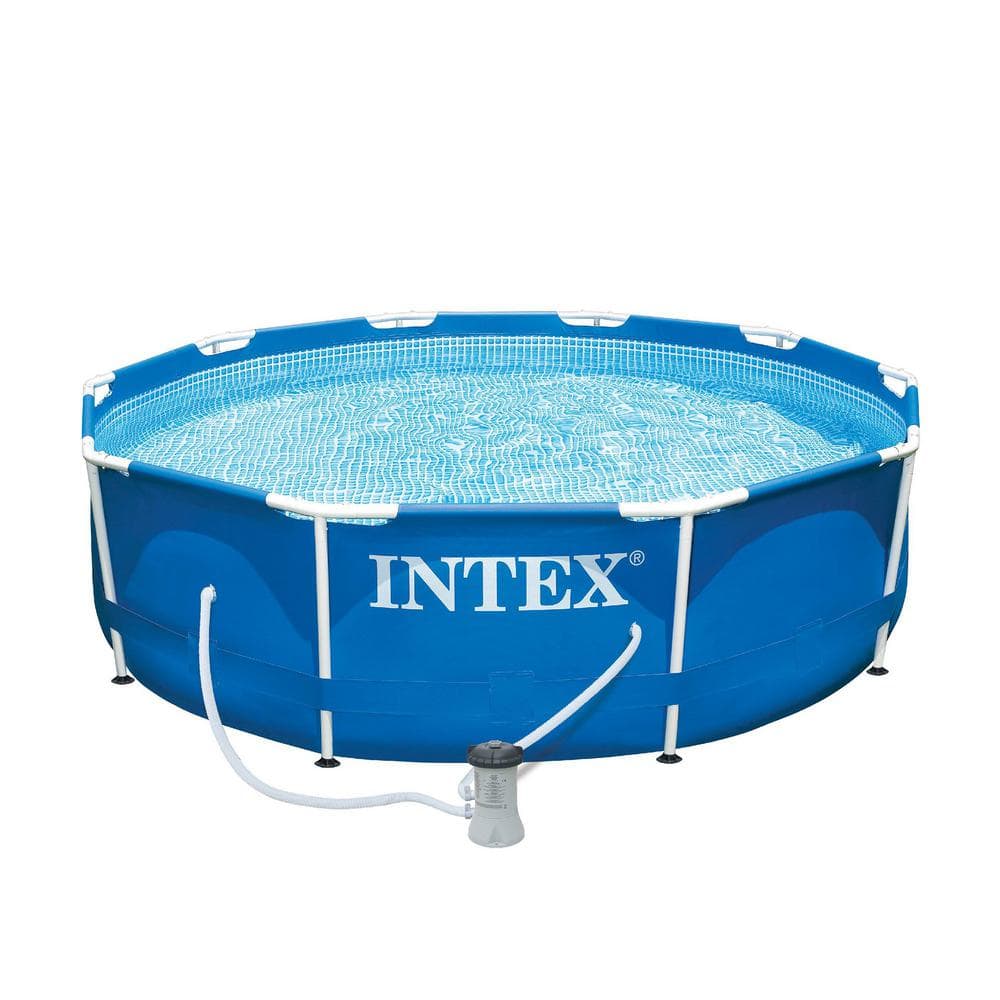 Intex 10 ft. x 30 in Round Metal Frame Above Ground Pool and Steel Frame Pool Ladder 28201EH + 28066E