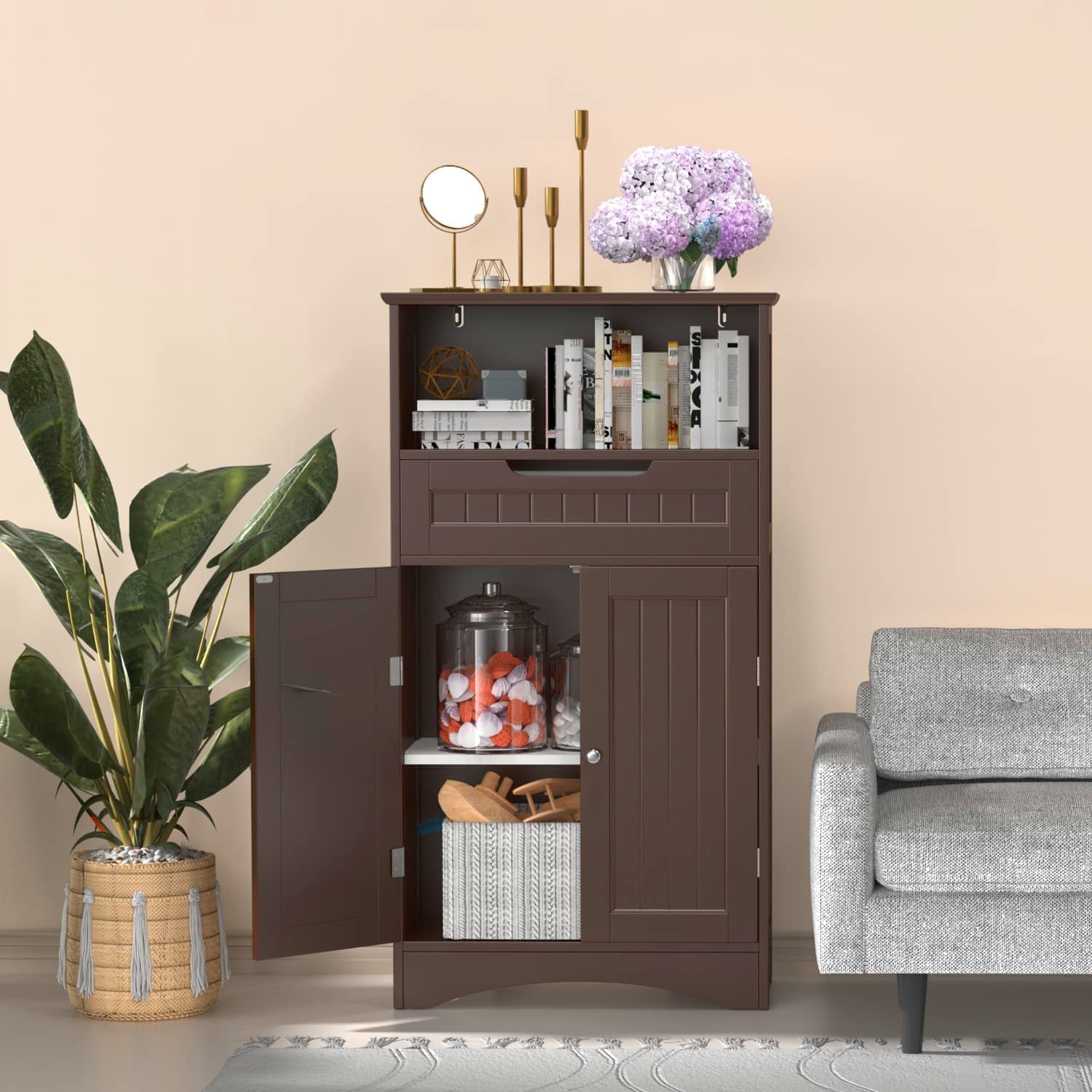 Aiho Bathroom Storage Cabinet with Drawer and Door, Dark Brown