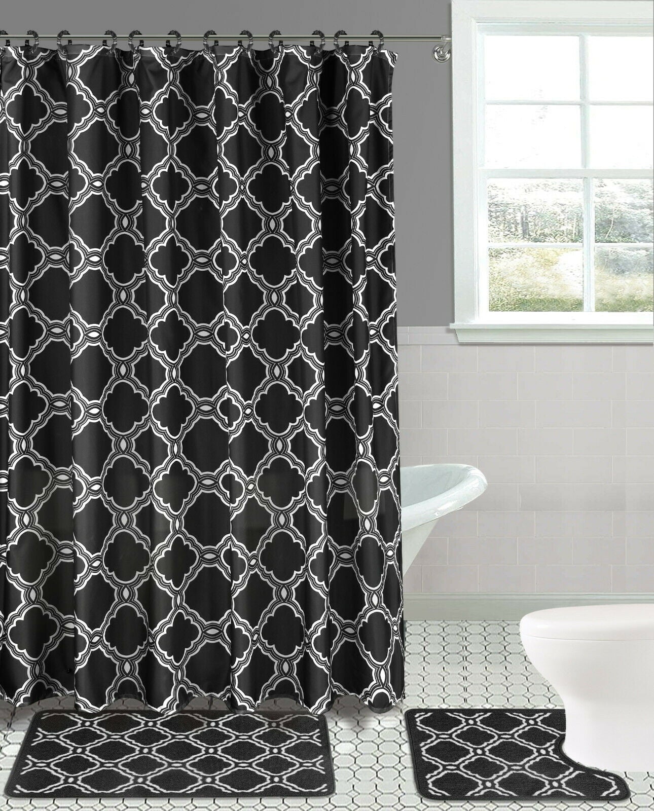 Elegant 4 Pieces Set Bathroom Trellis Honey Pattern Black Rug Softy Washable Includes : 1 Bath Mat 18