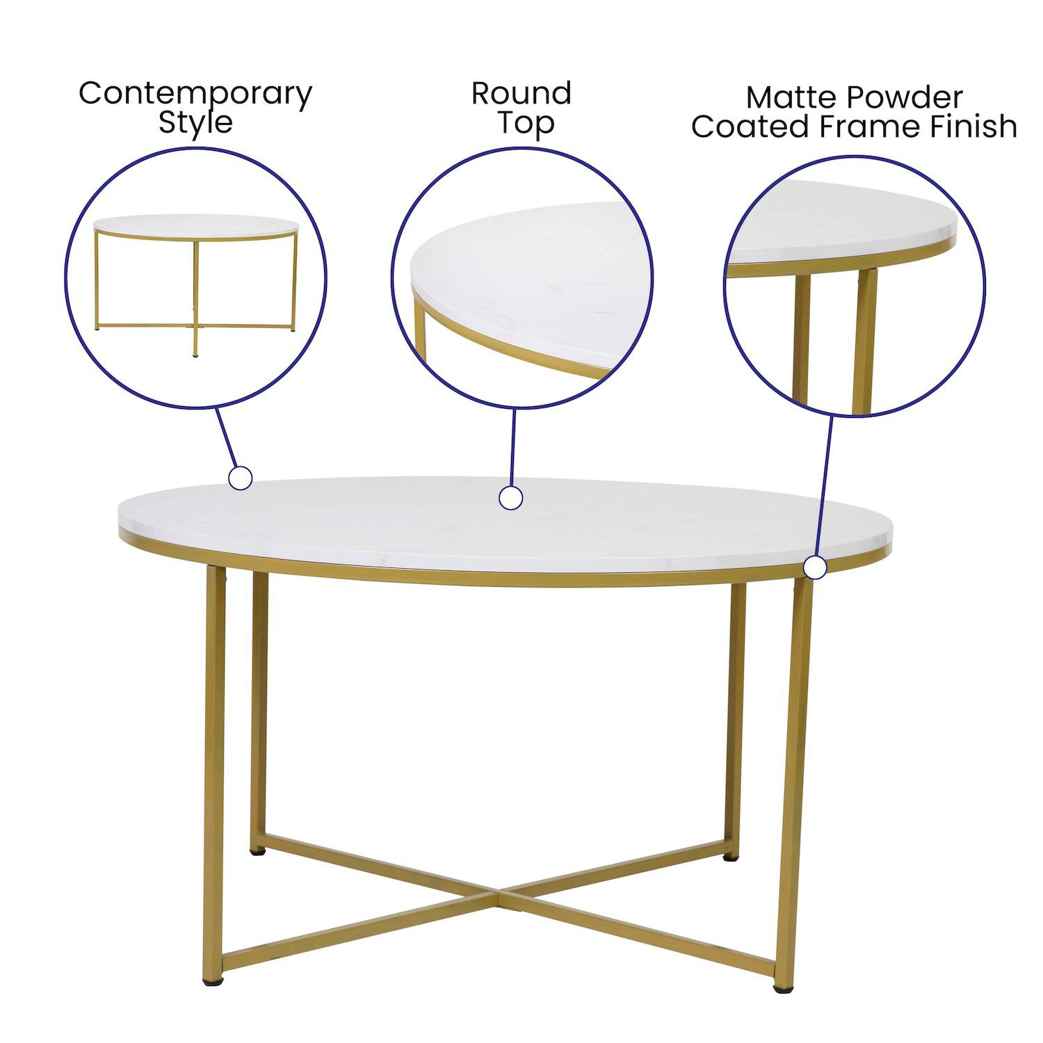 Merrick Lane Fairdale Glass Coffee Table with Round Brushed Gold Cross Brace Frame