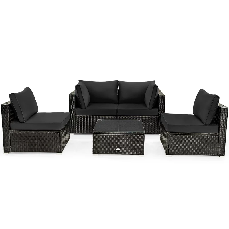 5 Pieces Cushioned Patio Rattan Furniture Set with Glass Table