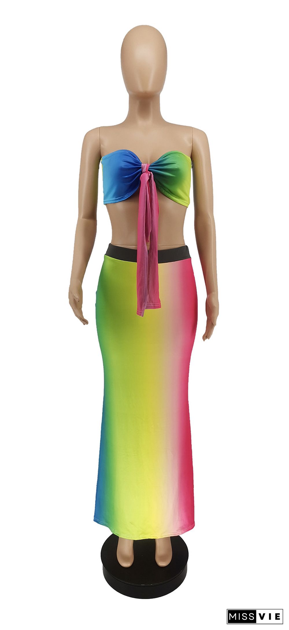 Rainbow Gradient Off Shoulder Bow Tie Crop Top Long Skirt 2 Piece Set