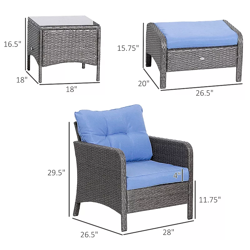 Outsunny 5 Piece Rattan Wicker Lounge Chair， Outdoor Patio Conversation Set with 2 Cushioned Chairs， 2 Ottomans and Tempered Glass Top Coffee Table， Grey