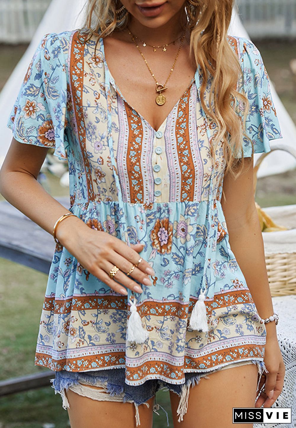 Tie V Neck Peplum Boho Blouse