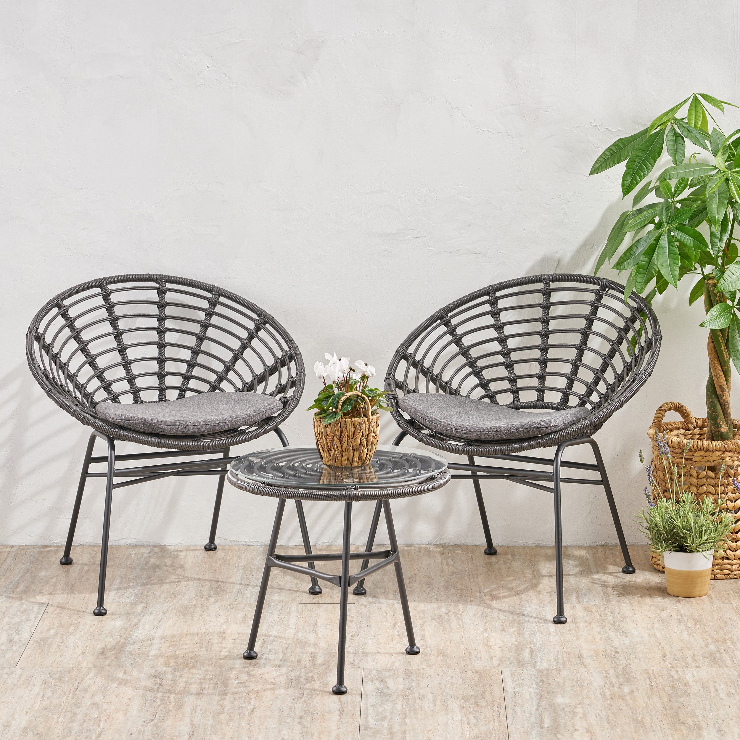 Seaton Outdoor Modern Boho 2 Seater Wicker Chat Set with Side Table